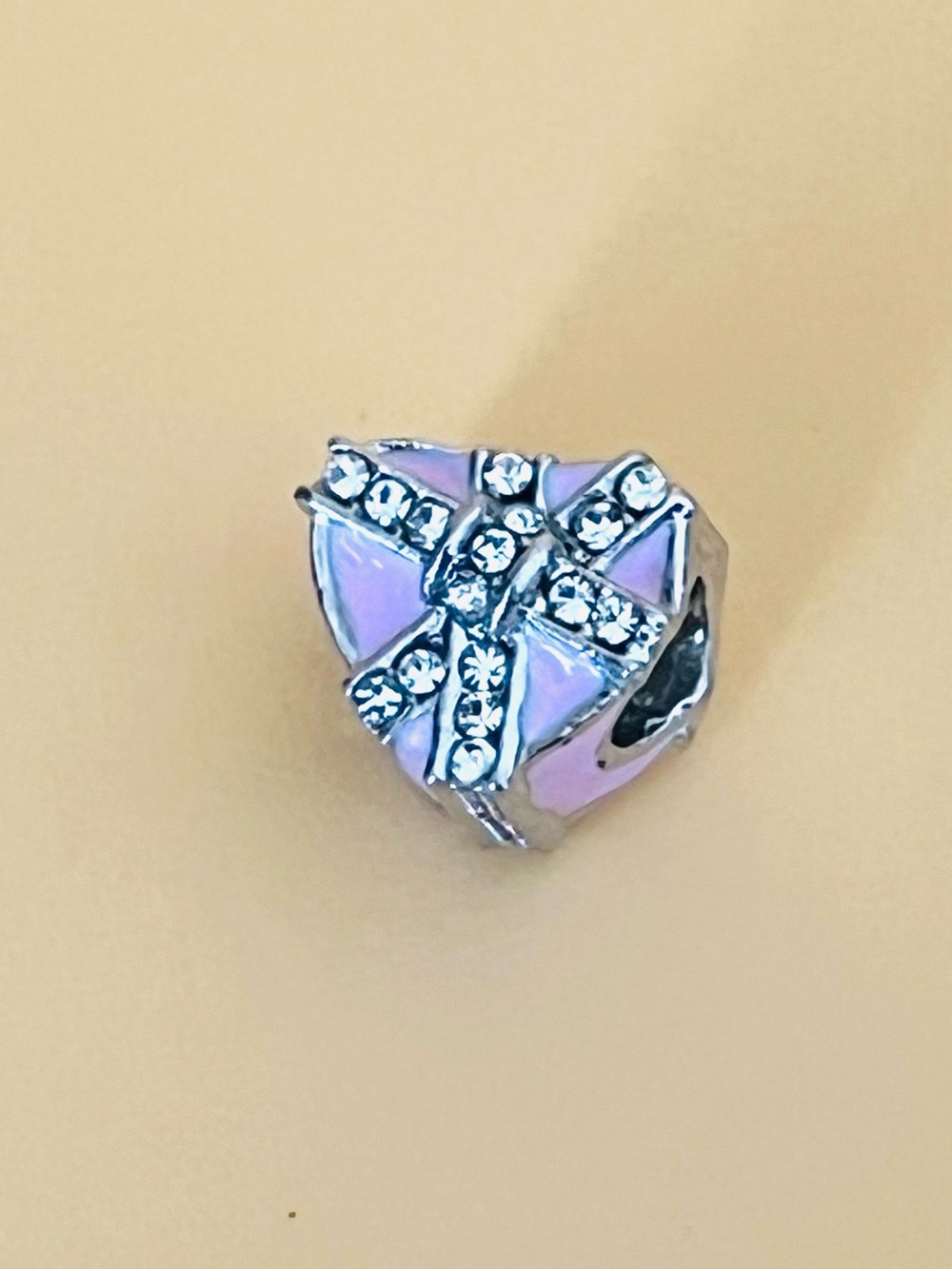 Silver plated pink enamel & paved clear crystal HEART Bracelet charm